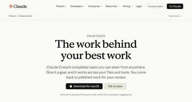Claude Cowork 홈페이지 화면
