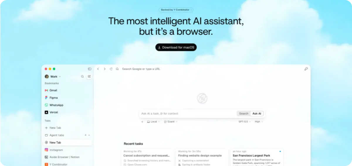 Aside 홈페이지 첫 화면 — "가장 지능적인 AI 어시스턴트, 그런데 그게 브라우저다"
