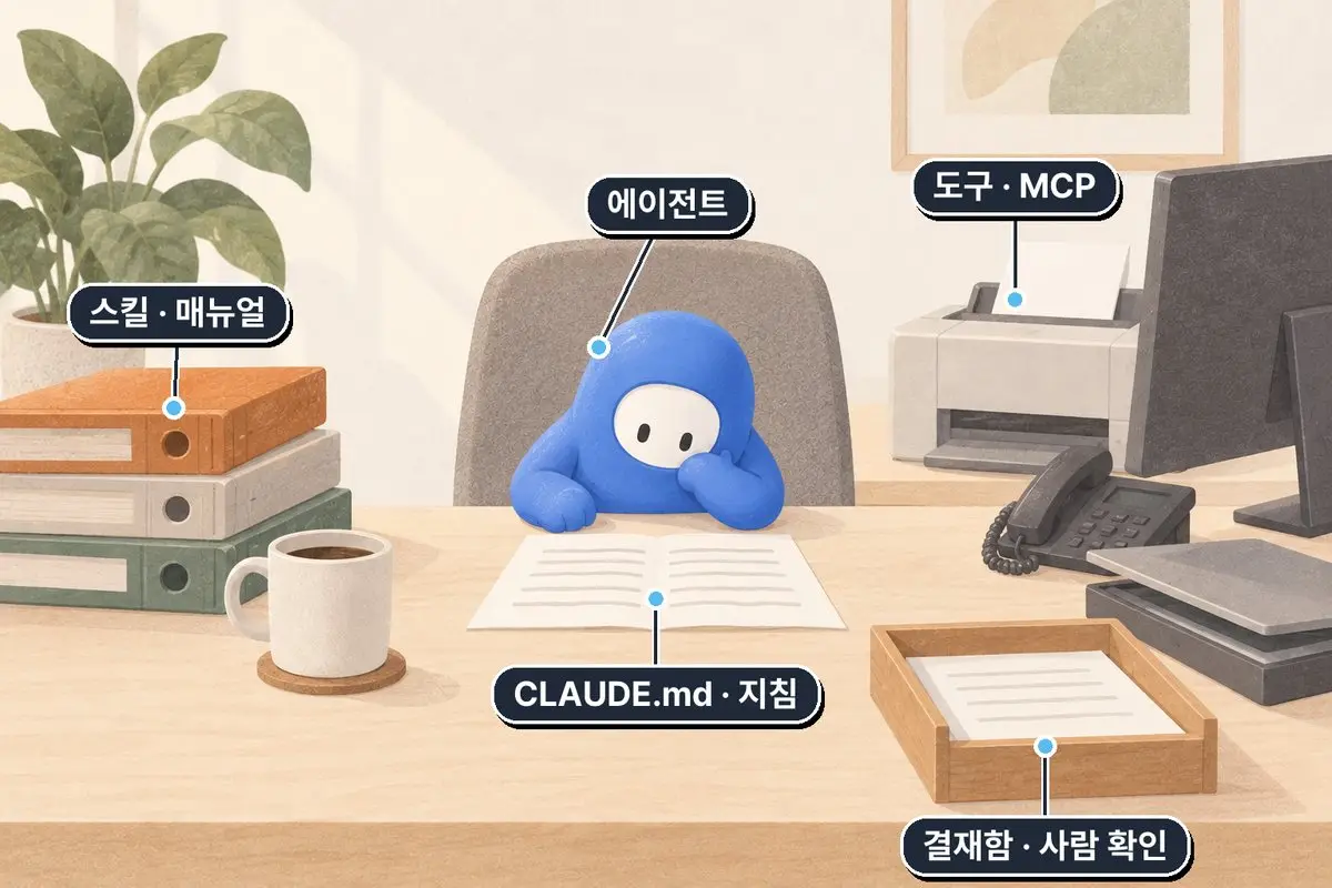왼쪽에는 매뉴얼, 오른쪽에는 도구, 가운데에는 지침 한 장, 그리고 앞쪽의 결재함. ChatGPT 생성 이미지