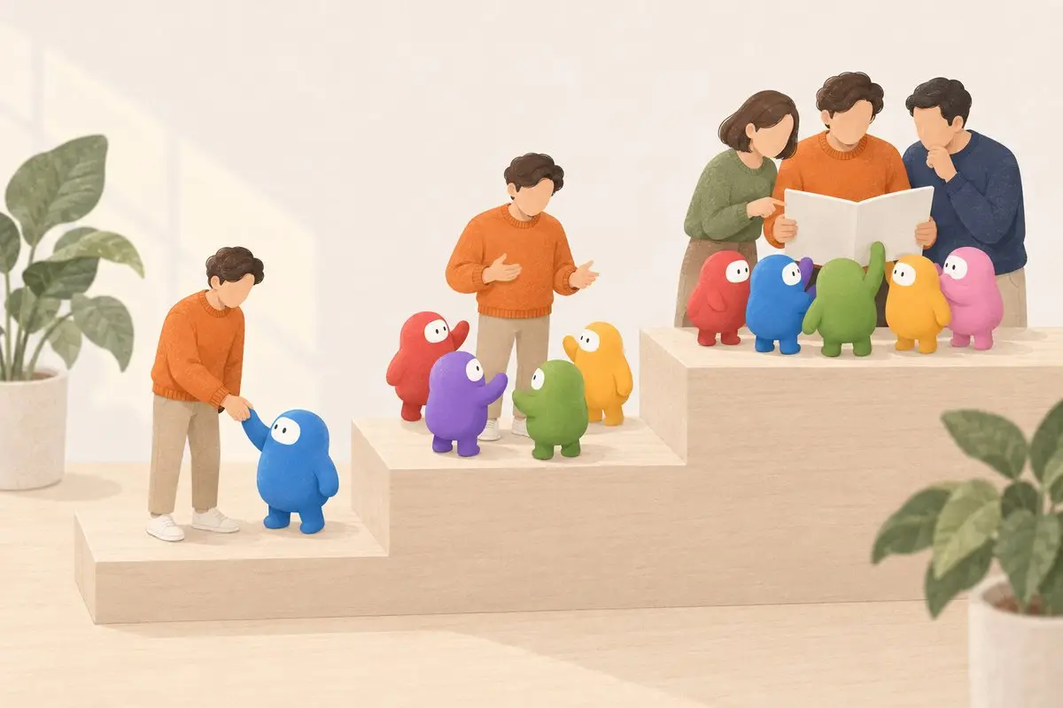 사람 하나와 AI 하나, 사람 하나와 AI 여럿, 사람 여럿과 AI 여럿. ChatGPT 생성 이미지
