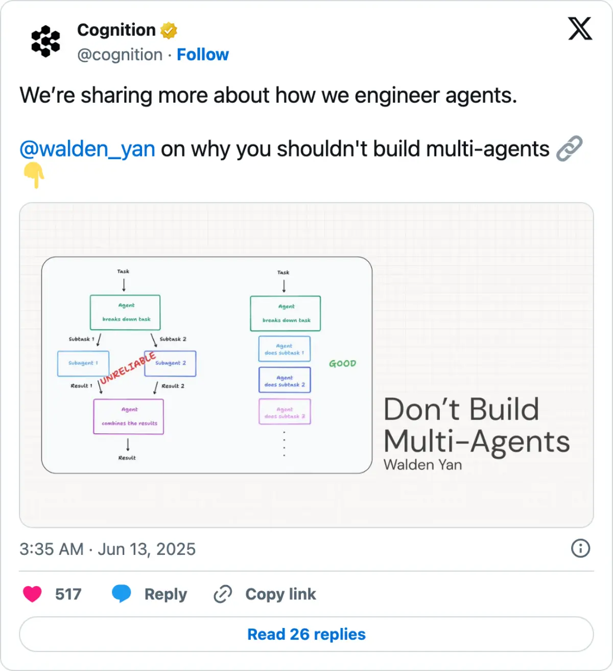 코그니션의 월든 얀이 쓴 「멀티 에이전트를 만들지 마라(Don't Build Multi-Agents)」